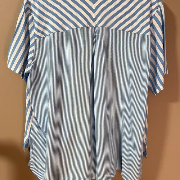 JANE + DELANCEY Light blue white striped soft short sleeve buttoned blouse Sz L - Picture 6 of 7